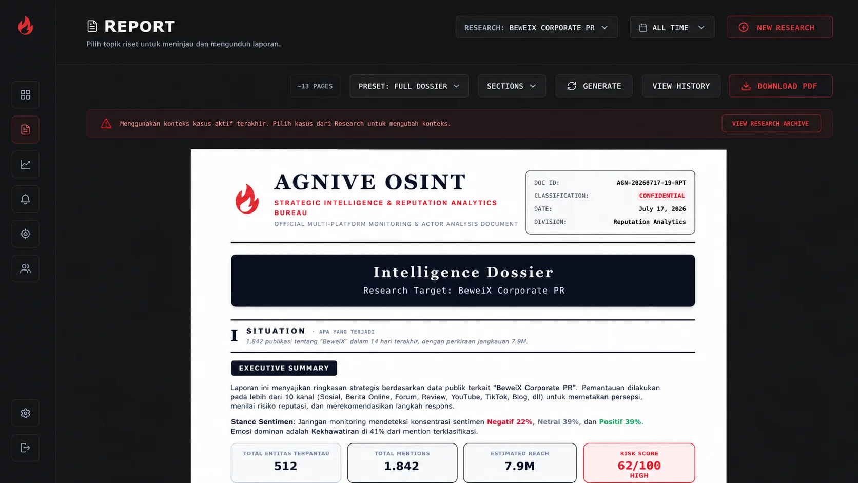 Agnive OSINT intelligence dossier report preview for BeweiX Corporate PR